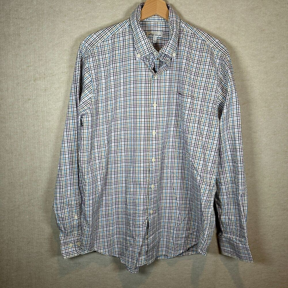 Peter Millar Button Down Shirt Mens Large Plaid Multicolor Cotton Preppy Casual